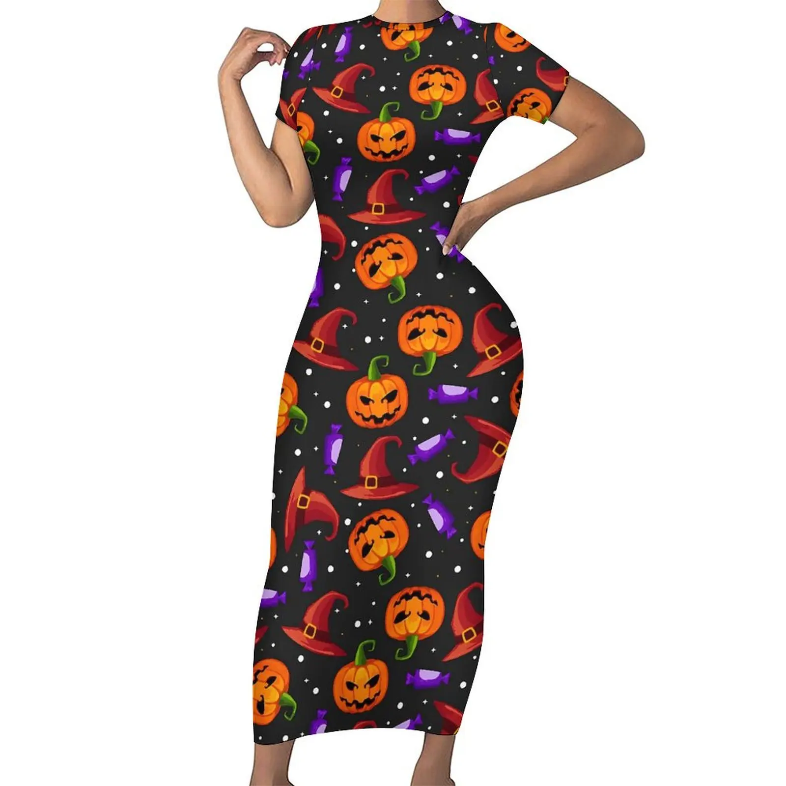 

Halloween Dress Short Sleeve Pumpkin Witch Hat Candy Street Fashion Maxi Dresses Retro Bodycon Dress Female Oversized Vestidos