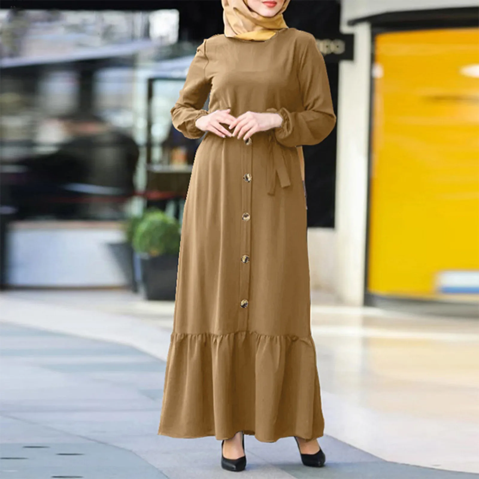 

Round Neck Muslim Robe Jilbab Abaya Hijab Dress Women Islamic Clothing Solid Long Sleeve Ramadan Maxi Dresses Caftan Marocain