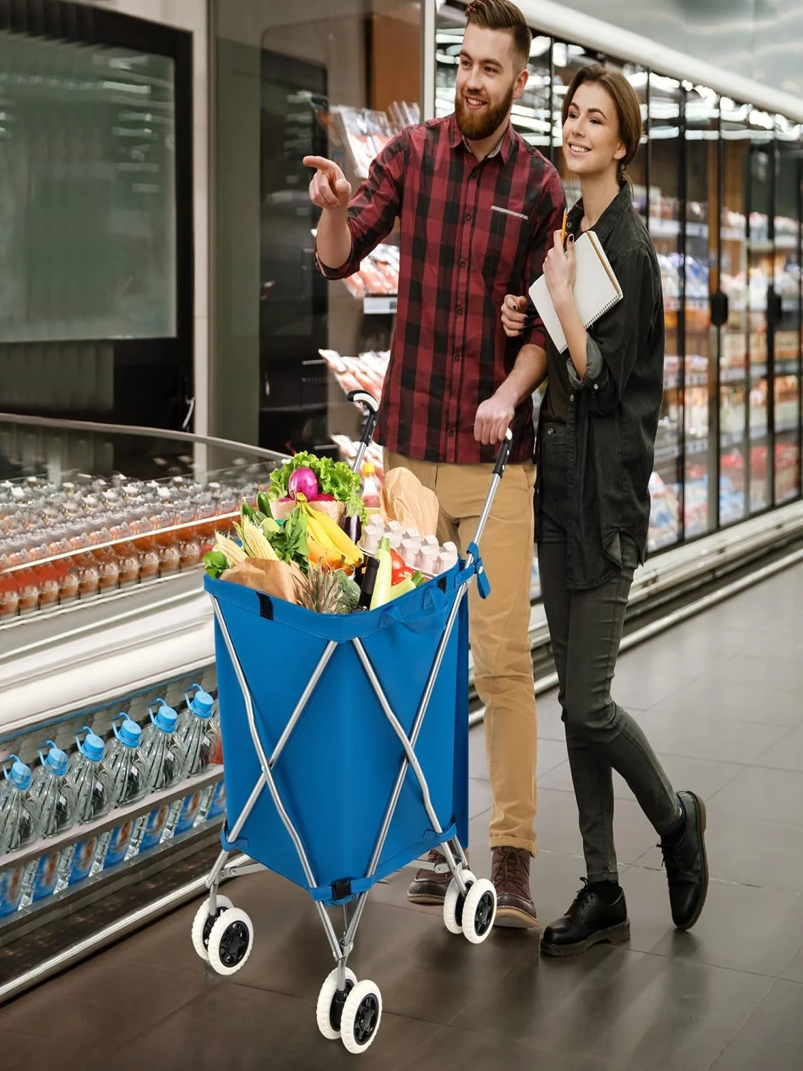 Zusammen klappbarer Einkaufs wagen 90 l bis 55 kg, Handwagen-Roller mit abnehmbarer Oxford-Tasche, Griff, Einkaufs wagen tasche, blau – Detail 1