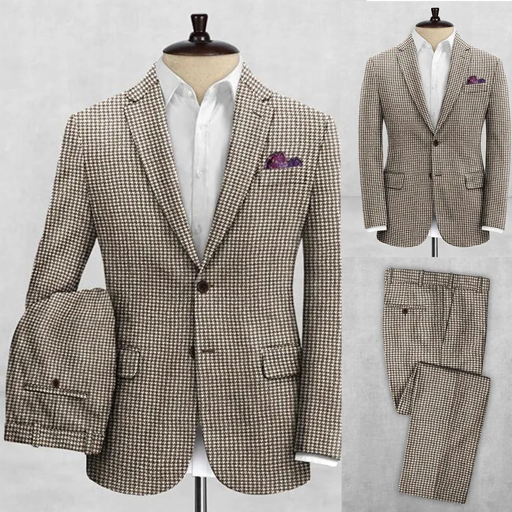 

Brown Houndstooth Wedding Tuxedos Men Suits Wool Coat One Button Notched Lapel 2 Pieces Customized Groom Coat Pants Tailored