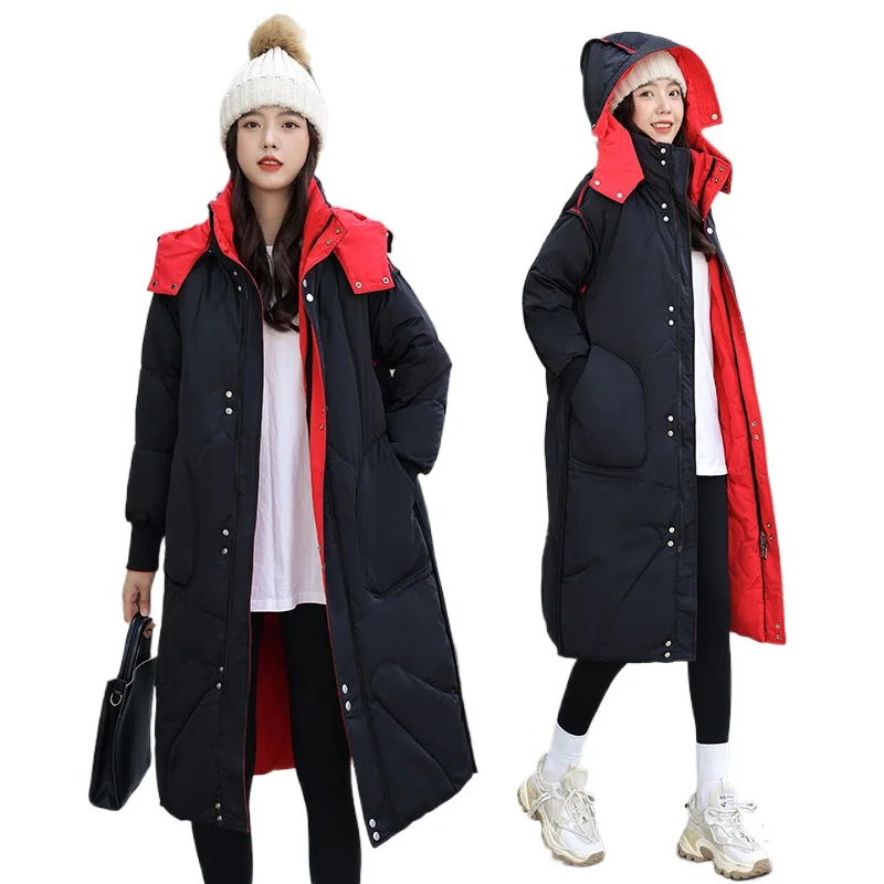 Maternity Hooded Patchwork Women Long Coat Winter Fashion Elegant Pregnant Dual Side Wearing Loose Casual Warm Jacket