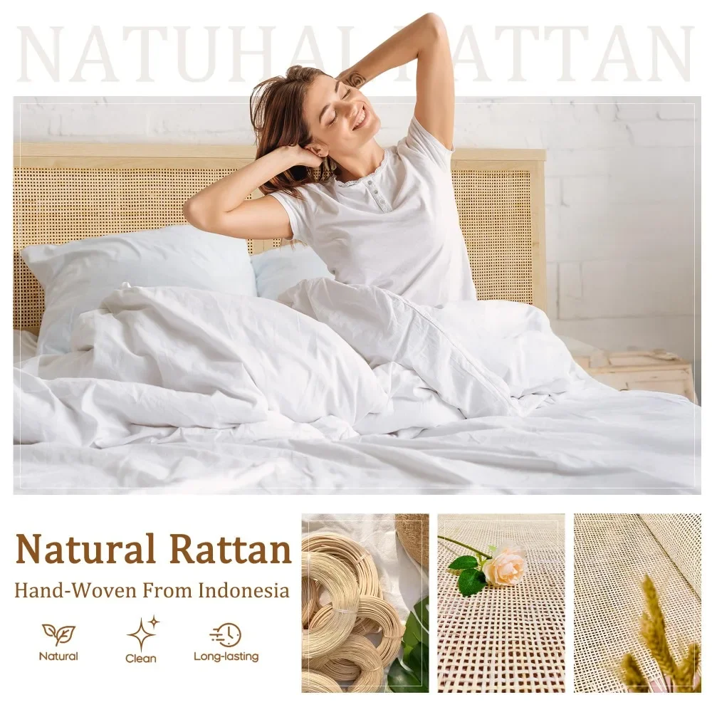 Rattan Queen Size Bed Frame with Wooden Headboard and 4 Storage Drawers, Platform Bed, No Box Spring Needed 3
