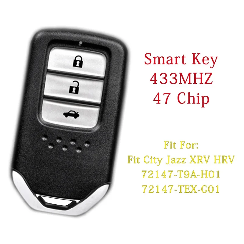 

Автомобильный ключ BaoJiangDd, подходит для 3 кнопок 433 МГц ID47 для Honda Jazz XRV HRV CITY CIVIC, безключевой смарт-ключ 72147-T9A-H01 KR5V2X