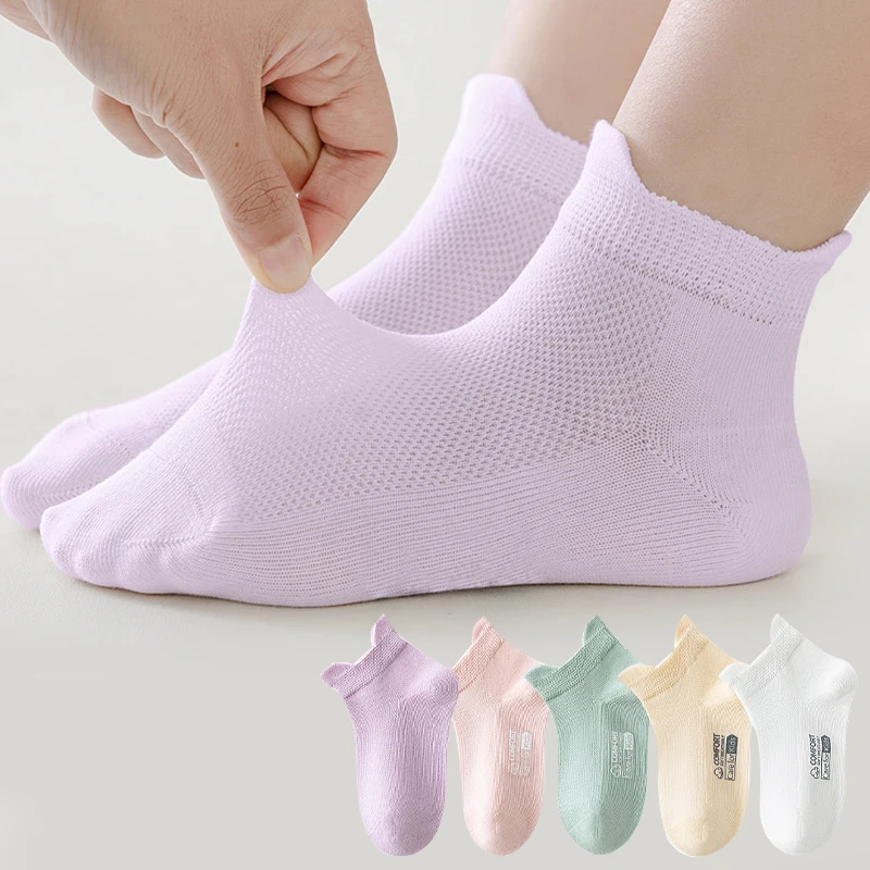 5 Pairs Sport Children'S Socks Summer Mesh Girl Socks Solid Color Kids Boys Cotton Sport For Children