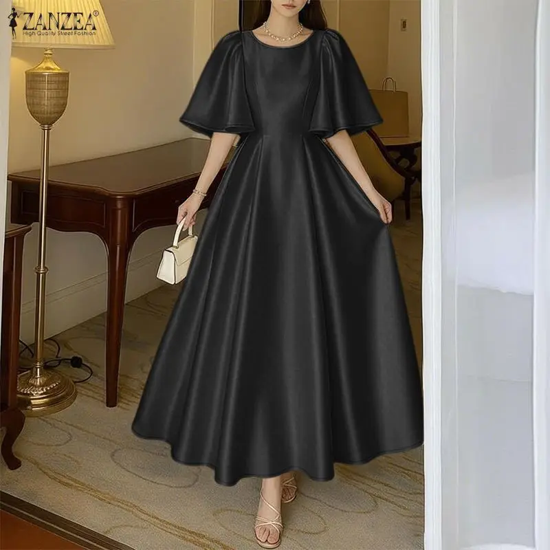 2026 ZANZEA Elegante Abito da Sera a Trapezio da Donna in Raso, Vestito Estivo con Maniche a Petalo Corte, Tinta Unita, Abito Lungo da Sera - immagine 3