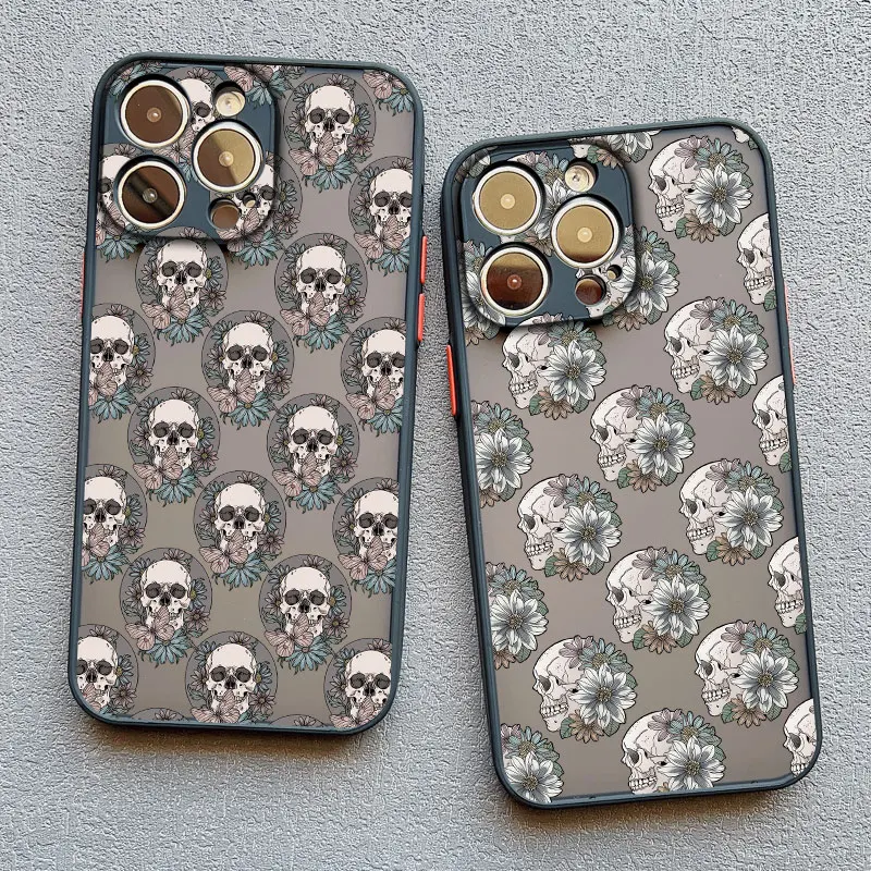 Elegant Skull Flowers Shockproof Black Phone Case