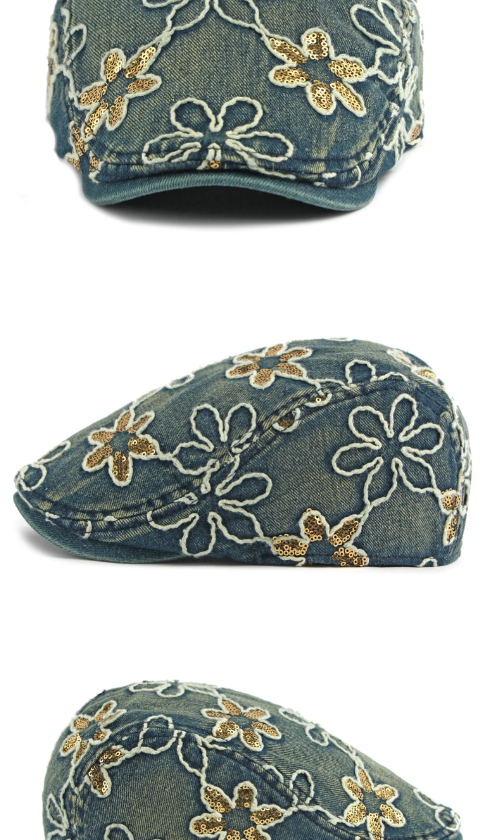 HT5070 Herren- und Damen-Baskenmützen Vintage Künstler-Malermütze Unisex Baumwoll-Ivy-Kappe Stilvolle Pailletten-Blumen Denim-Baskenmütze – Detail 8