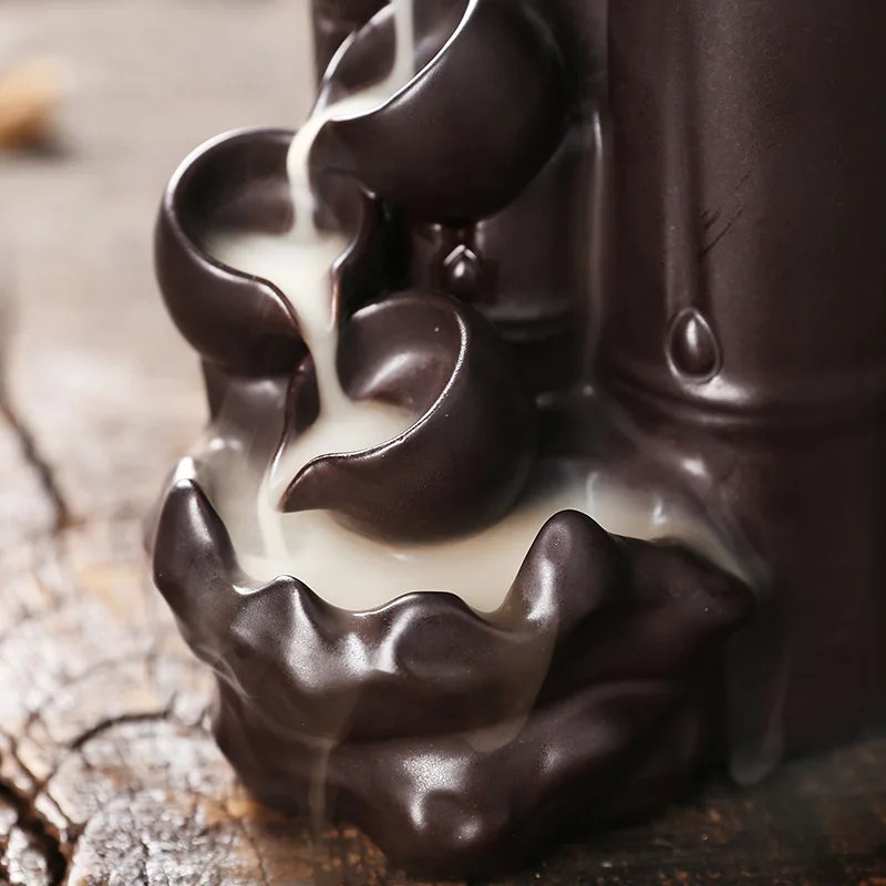 Teapot and Bamboo Waterfall Incense Burner Incense Stick Holder Censer Purple Clay Aroma Smoke Backflow Home Decor -no Incense