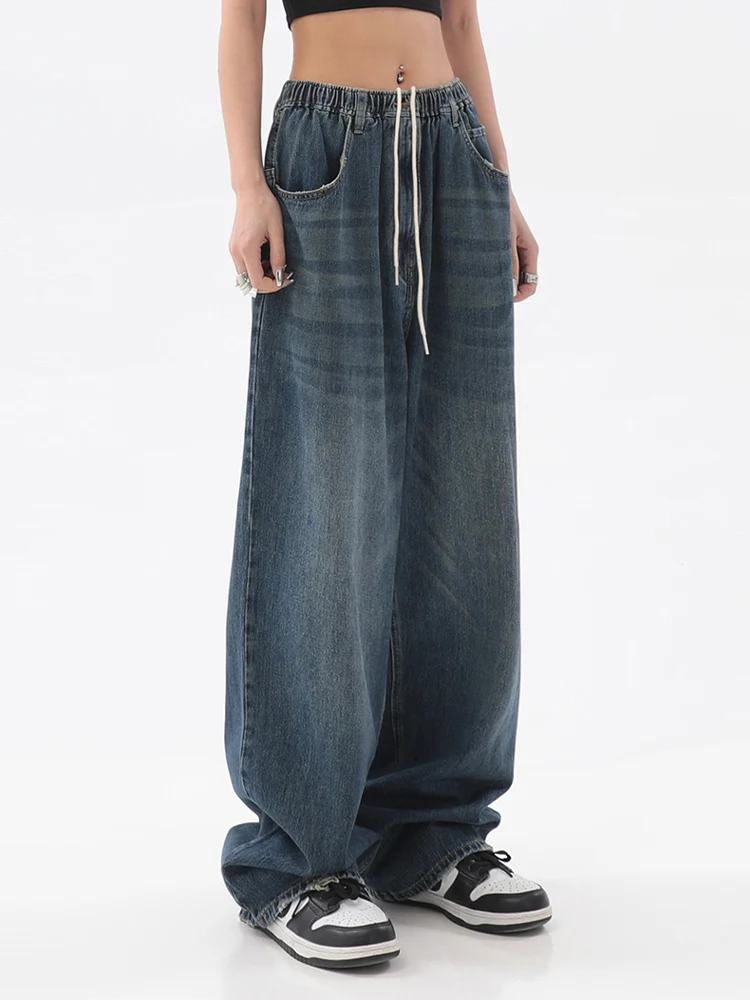 

American Vintage Style Elastic Waist Loose Straight Jeans Pants Women's Grunge Baggy Harajuku Y2K Wide Leg Denim Trouser