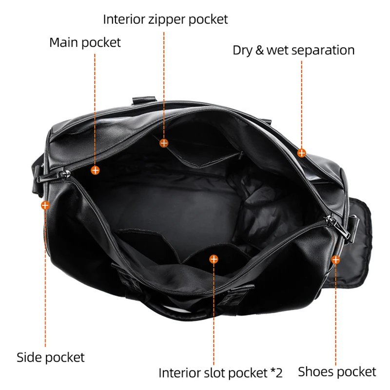 Large Sports Fitness Bag with Shoes Pocket for Men, Black Soft Leather, Big Gym Handbag, Outdoor Sports Luggage Pack, Tote Bags 3