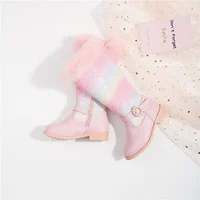 2023 New Autumn Winter Girls Rainbow Princess Fashion Children Pink Boots Knee Length Boots Plush Fur Girls Shoes 3