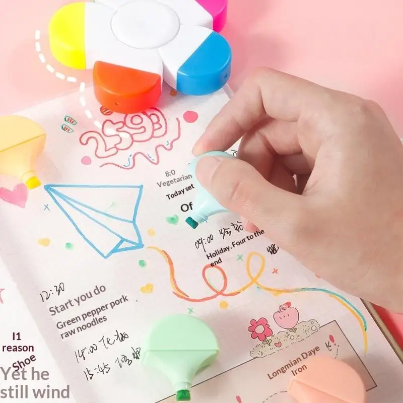 1Pcs 꽃 모양 수채화 색상 5-In-1 형광 펜 학교 사무실 문구 용 손가락 끝 나선형 형광펜