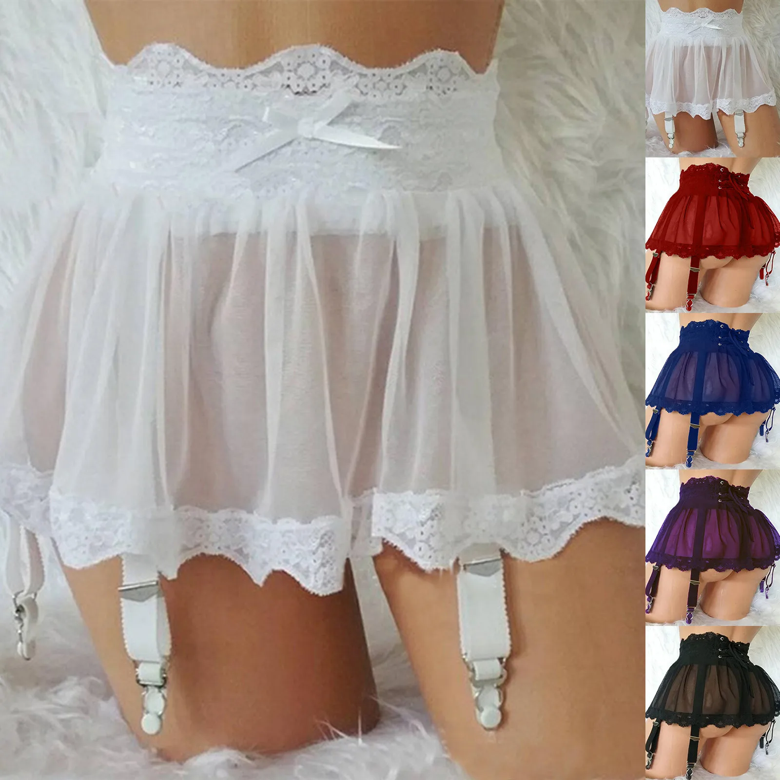 

Women's Sexy Lingerie Plus Size Lace Garter Suspenders Transparent Underwear Mini Skirt Waist Belt For Stockings Bondage Garters