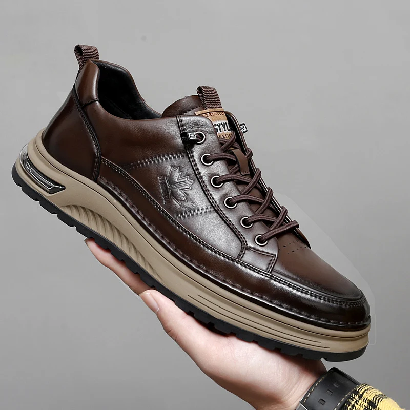 Spring and Autumn Luxury Mens Casual Shoes Genuine Leather Business Office Oxford Shoes Antiskid Wear-Resistant Running Sneakers