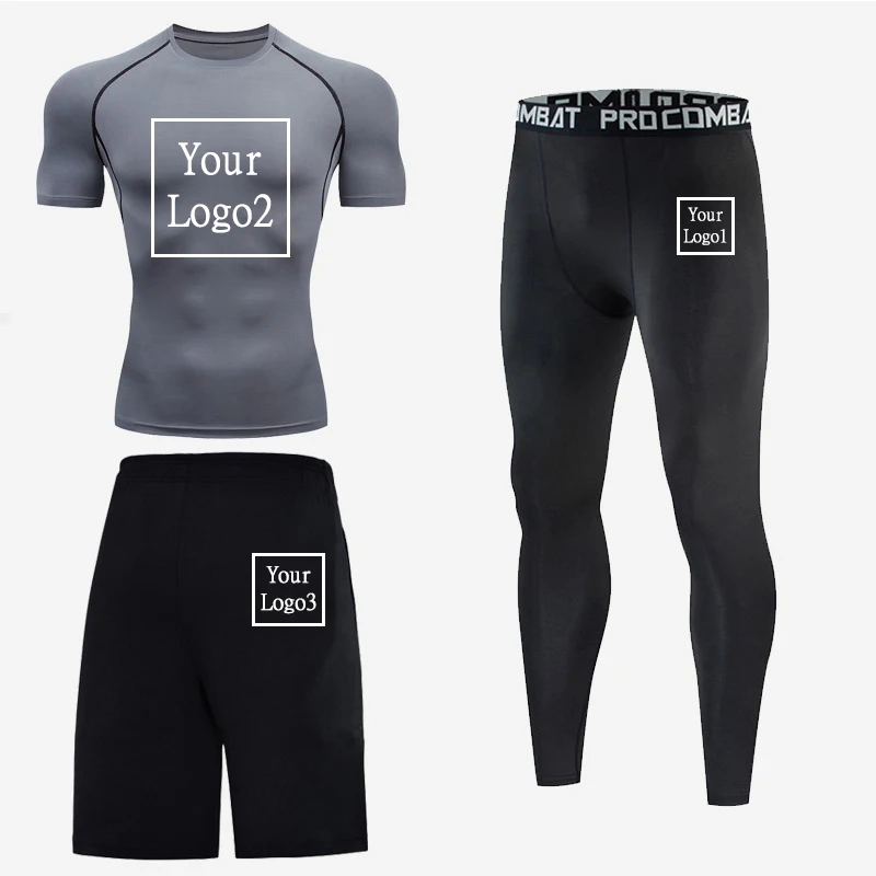 Customer Logo Print Men's Running Tracksuit Training Fitness Sportswear Set Compression Leggings Sport Clothes Gym Sweatpants