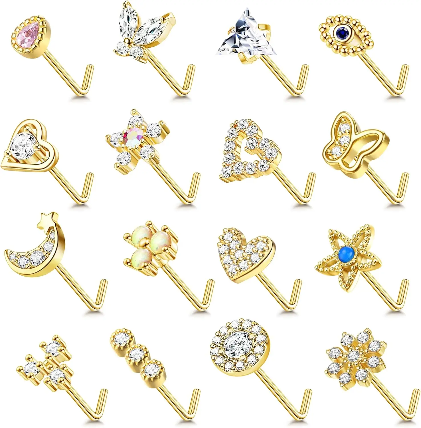 Nose Studs 20G Surgical Steel L Shaped Nose Rings Studs for Women Opal CZ Heart Butterfly Elegant Piercing Jewelry