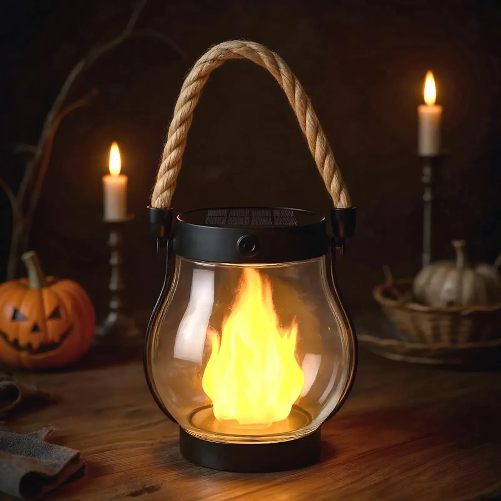 Flickering Solar Lantern with Dancing Flames USB Charging Garden Lights for Haunted House Garden Decoration 2025 Halloween