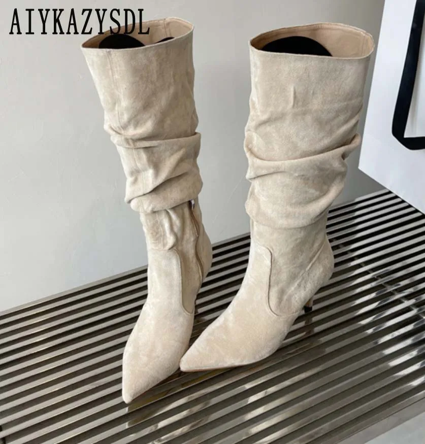 

AIYKAZYSDL 2023 Autumn Winter Faux Suede Denim Knee High Boots Pointed Toe Kitten Med Heel Ridding Knight Boots Fahion Shoes 41