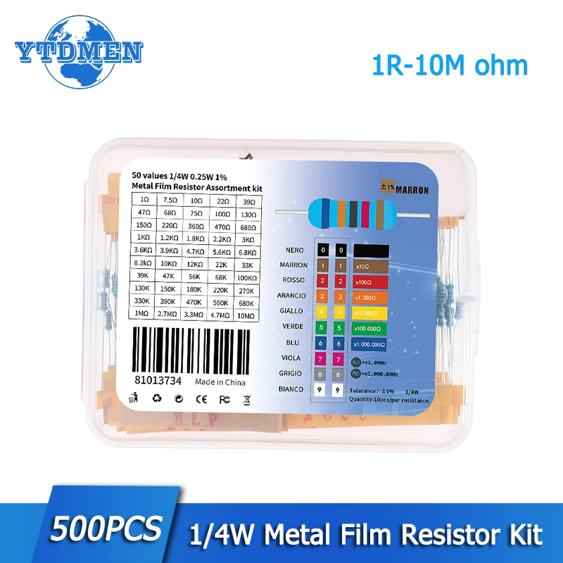 Metal Film Resistor Assorted Kit 500/2500PCS 1/4W 1% 1R~10M ohm Resistance Diy Electronic Kit