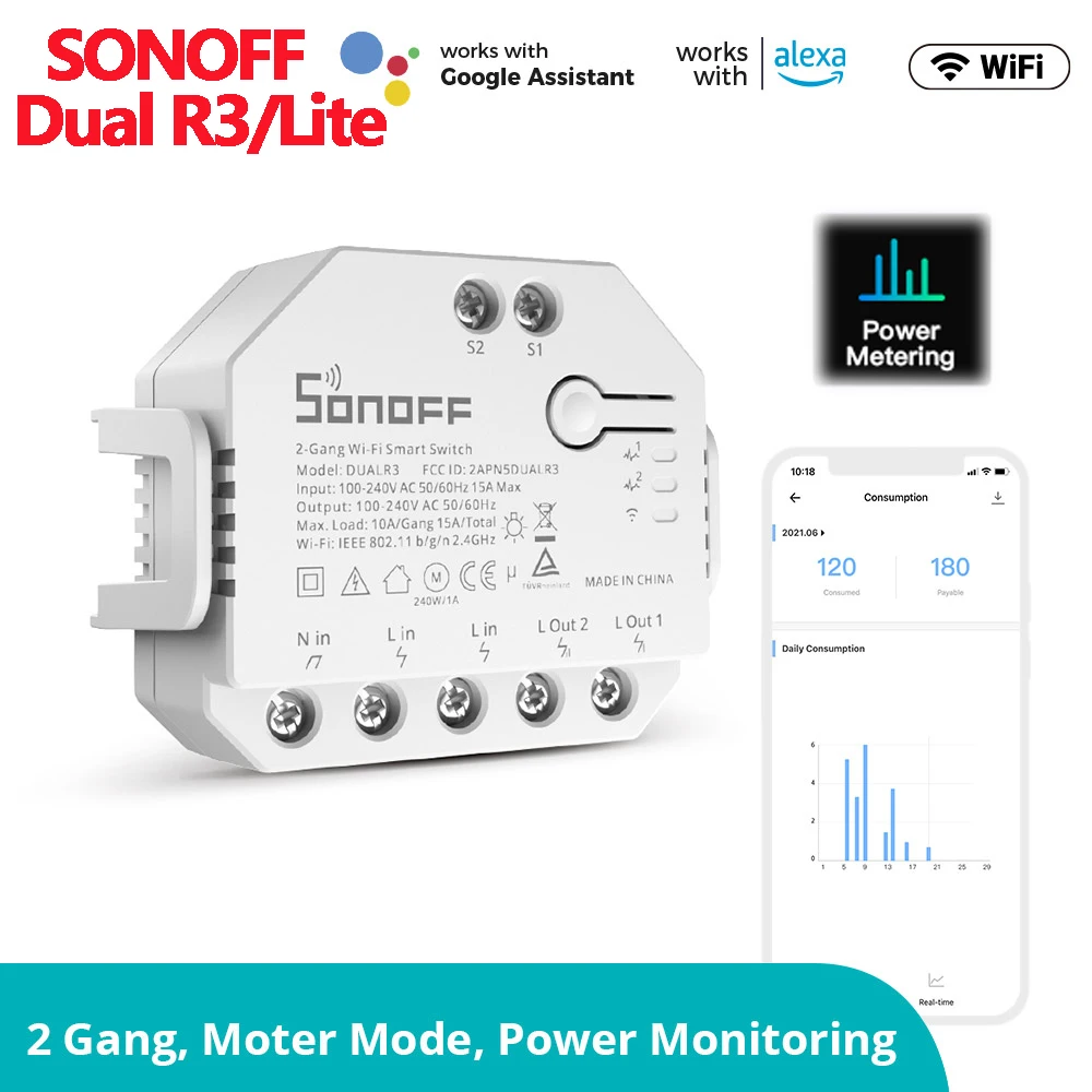 Sonoff Dual R3 Relay Two Way Power Metering Smart Switch, Automated Roller  Shutter/Window Shades, LAN Control, Overload Protection, 10-240W/1A  Motorload, White