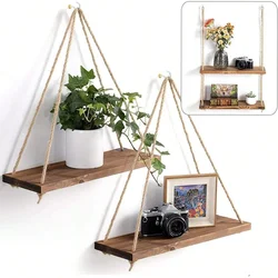Elegant Wooden Hanging Swing Shelf with Hemp Rope for Home and Garden Decor (1PC brown)