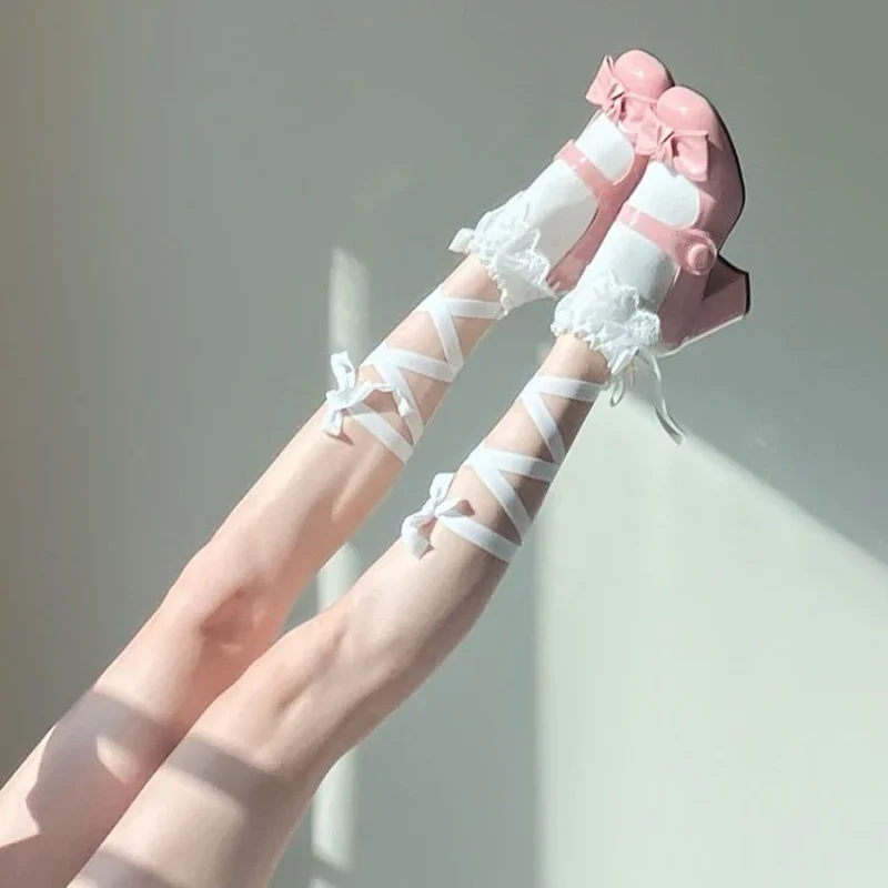 Japanische Spitze Kreuzgurte Krawatte Beinsocken JK Frauen Baumwolle Sexy Strümpfe Socken Dünne Damen Mittelrohrsocken Party Lange Socken – Detail 3