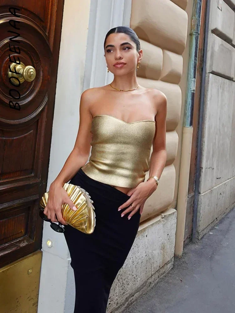 BOOFEENAA Y2k Streetwear Metallic Tube Top Gold Silver Black