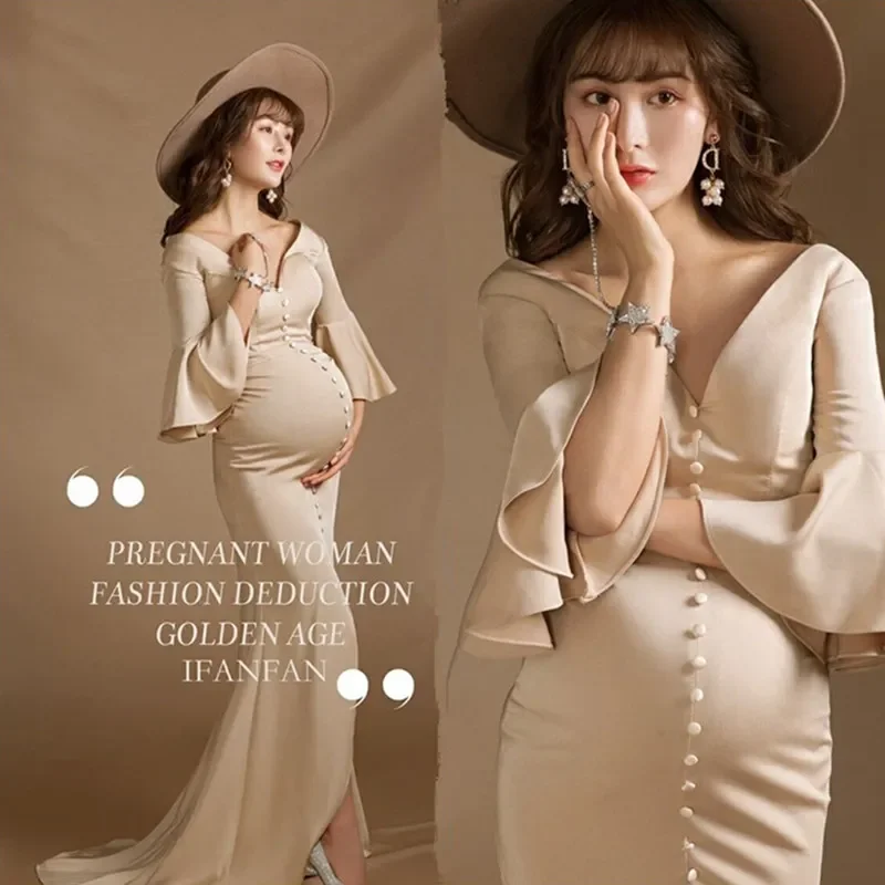 

Elegence Mermaid Maternity Dresses For Photo Shoot Long Pregnancy Dress Photography Prop Fancy Pregnant Women Maxi Gown With Hat
