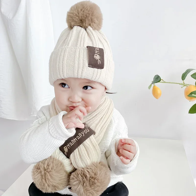 Autumn and Winter Children's Hat Scarf Set Warm Simple Woolen Cap Boys and Girls Knitted Hat Two-piece Baby
