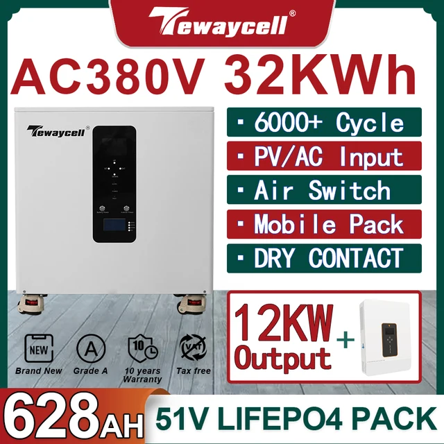 Batterie LiFePO4 AC380V triphasée 48V Powerwall 32KWh 20KWh tout-en-un ESS 51V 628Ah 400Ah avec onduleur 12KW intégré et moniteur WiFi 1