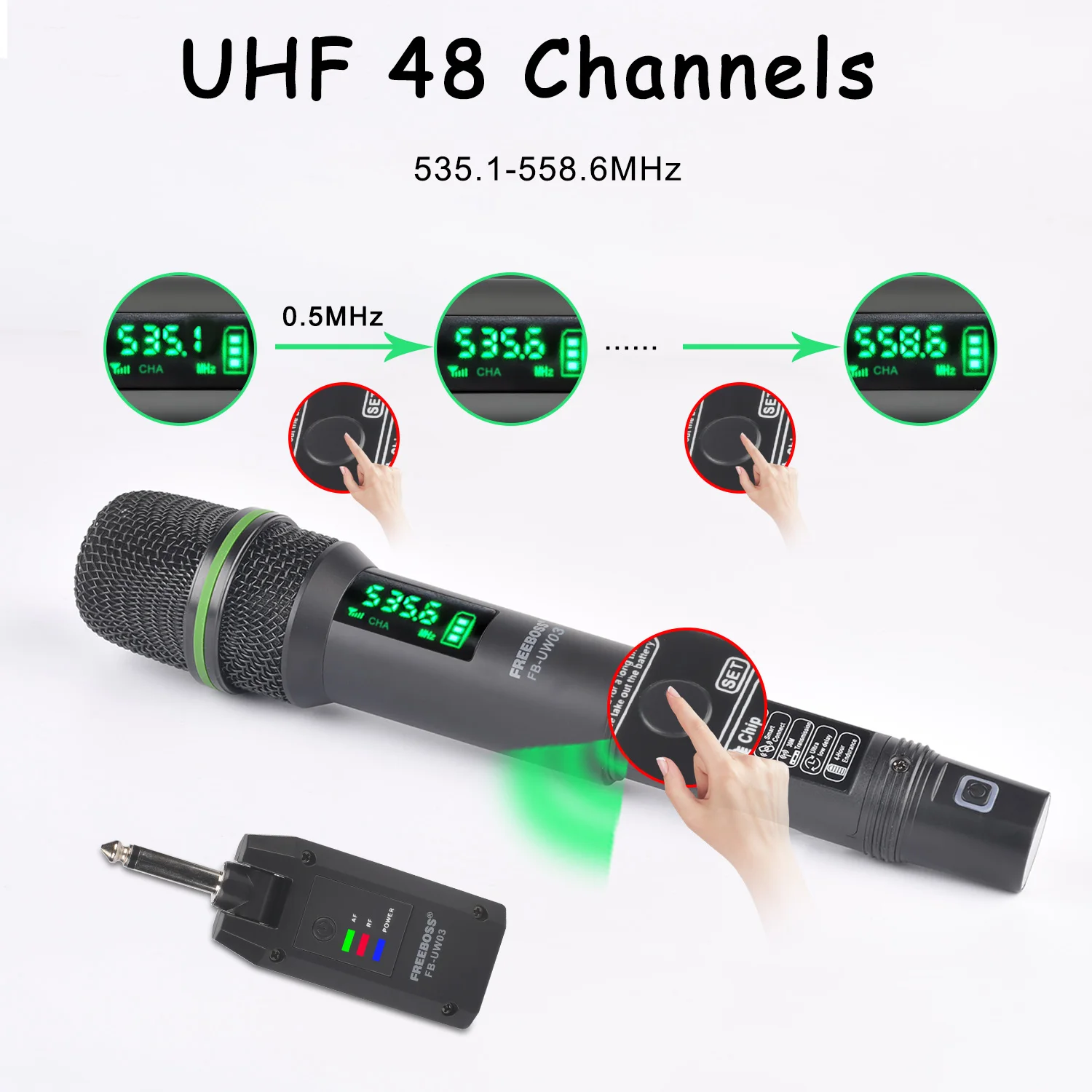FREEBOSS 1 핸드 헬드 UHF 무선 마이크 가변 주파수 카디오이드 다이나믹 송신기 가라오케 보컬 마이크 FB-UW03