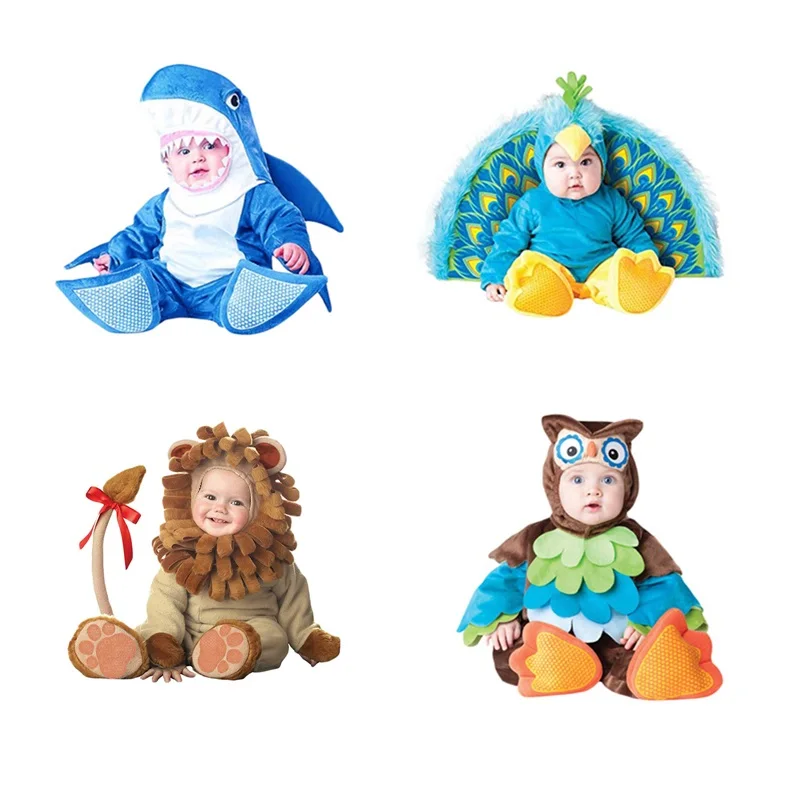 Baby Animal Costume Winter Toddler Boys Girl Deluxe Shark Peacock Owl Lion Tuta Con Cappuccio E Copriscarpe Set Pagliaccetto Cosplay