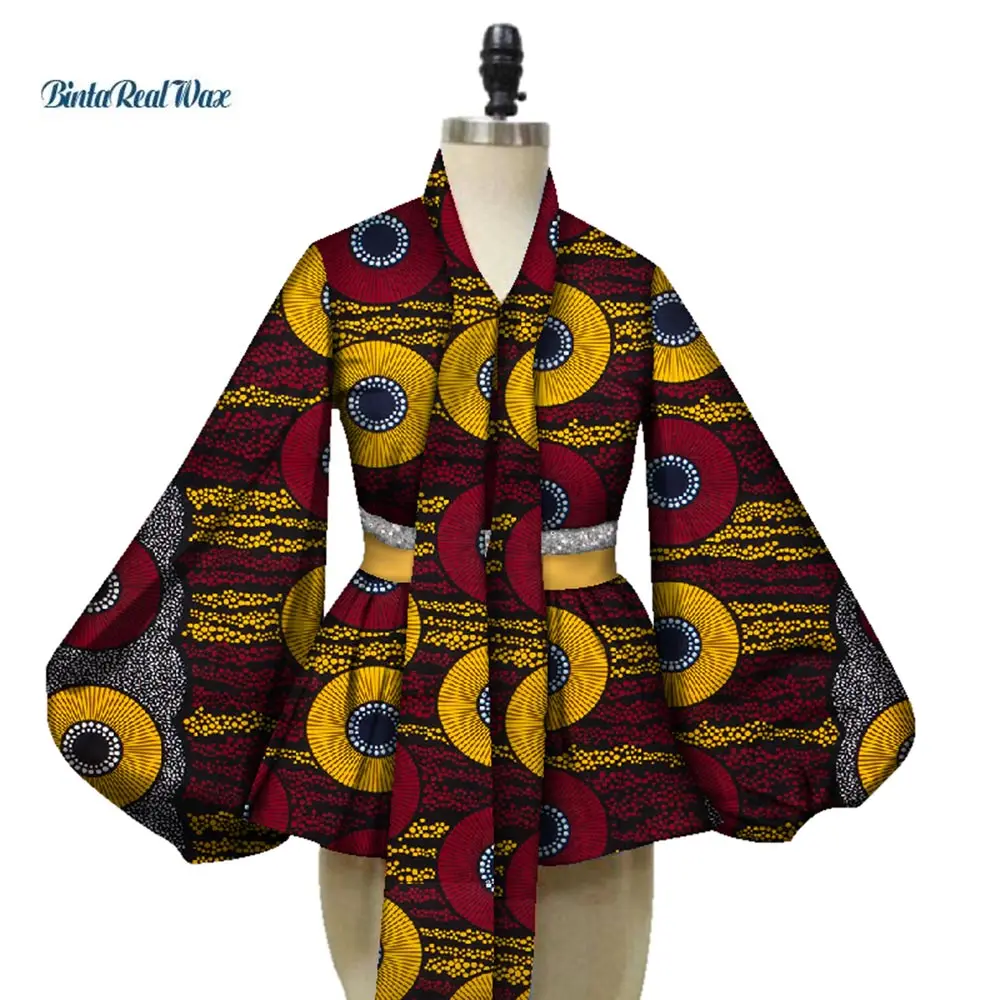 Slim High Waist Long Sleeve  V Collar Lady Fashion Top African Dashiki Print Blouse