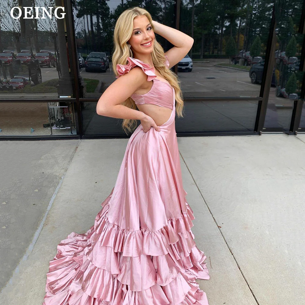 

OEING Rose Pink Tiered Stain Prom Dresses Sexy Ruffles Cut Out Pleated Long Party Dress Elegant Formal Occasion Evening Gowns