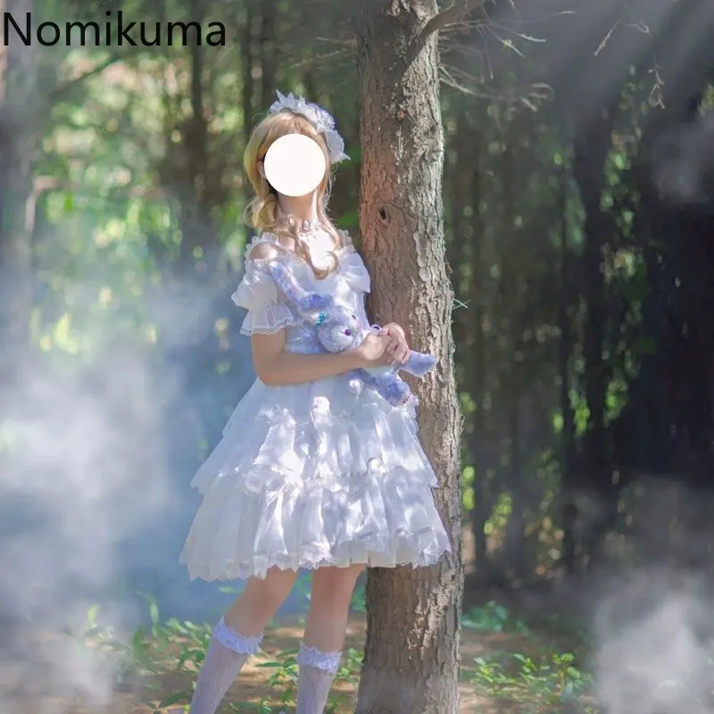 Lolita Style Cute White Woman Dress 2025 Vestidos De Mujer Slash Neck Puff Sleeve Tunic Sweet Summer Dresses Bow Lace Robe Femme 3