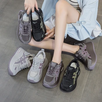 Womens Multi Color Mesh Platform Sneakers With Rhinestone Accent Hidden Heel Lift Casual Lace Up Shoes For Daily Street Style
