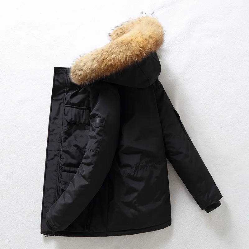 New Down Jacket Men's Winter Minimalist Solid Color Fur Collar Hooded Warm Parka Casual Comfortable White Duck Down Coat Male