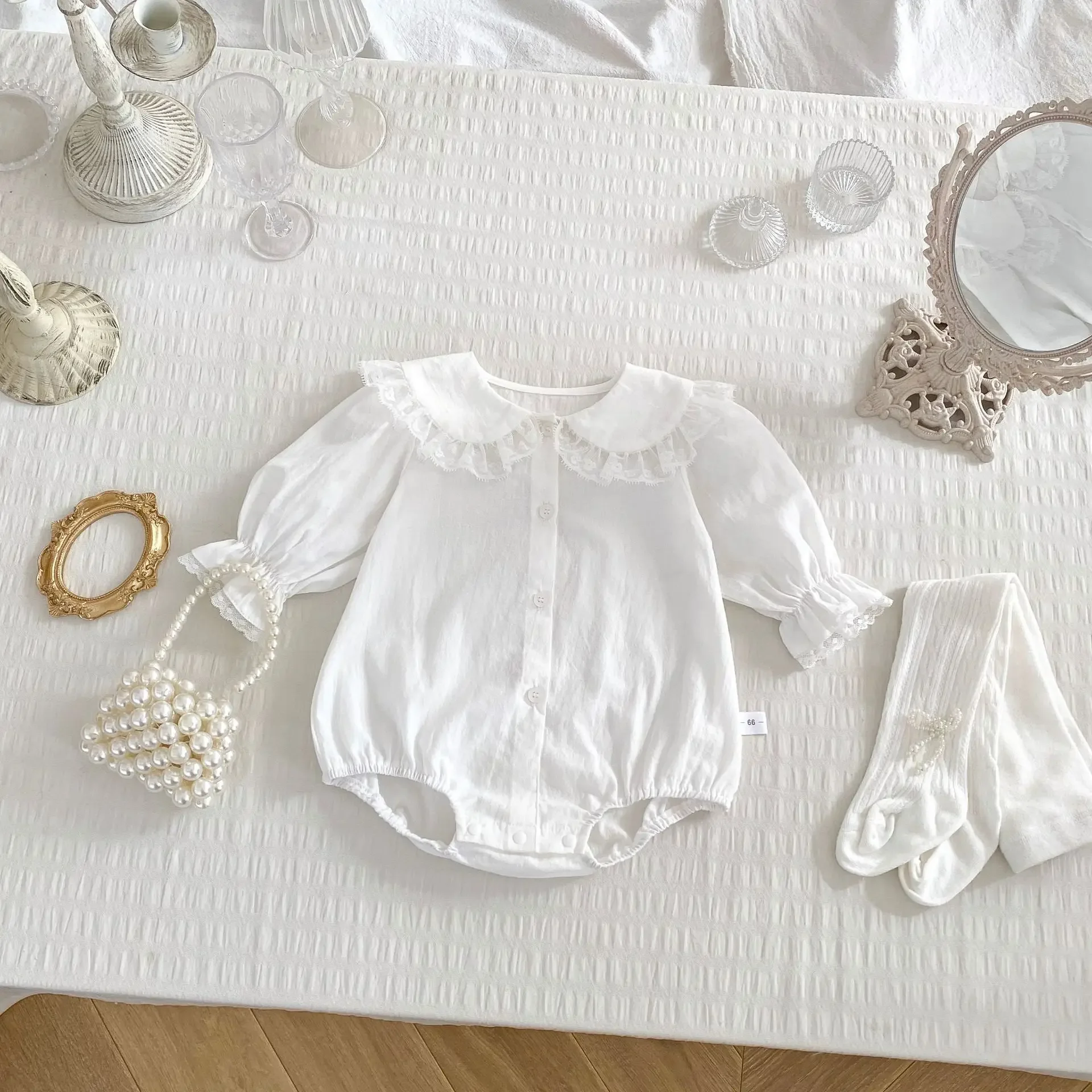 New Long Sleeve Lace Trimmed Baby Girl Romper Suit Cotton Crawler Clothes Turn-down Collar Overall Infant Clothing