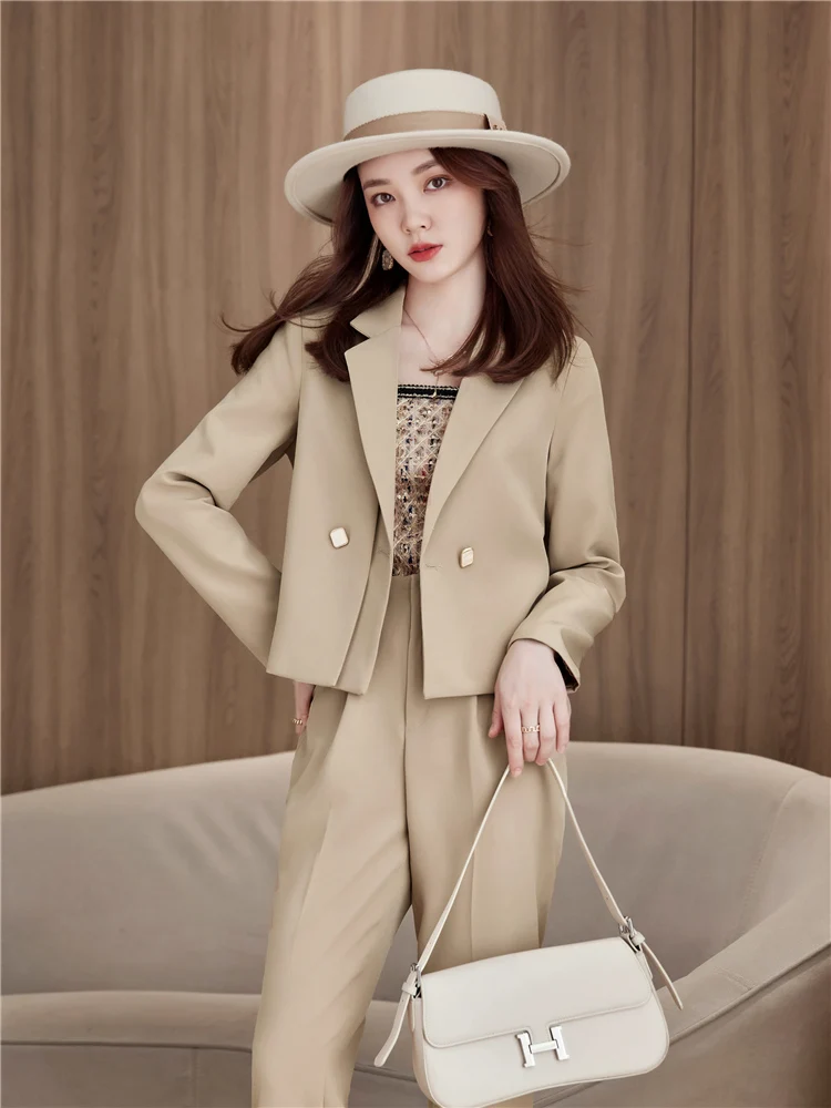 White Stylish Elegant Pant Suits Women Korean Crop Blazer and