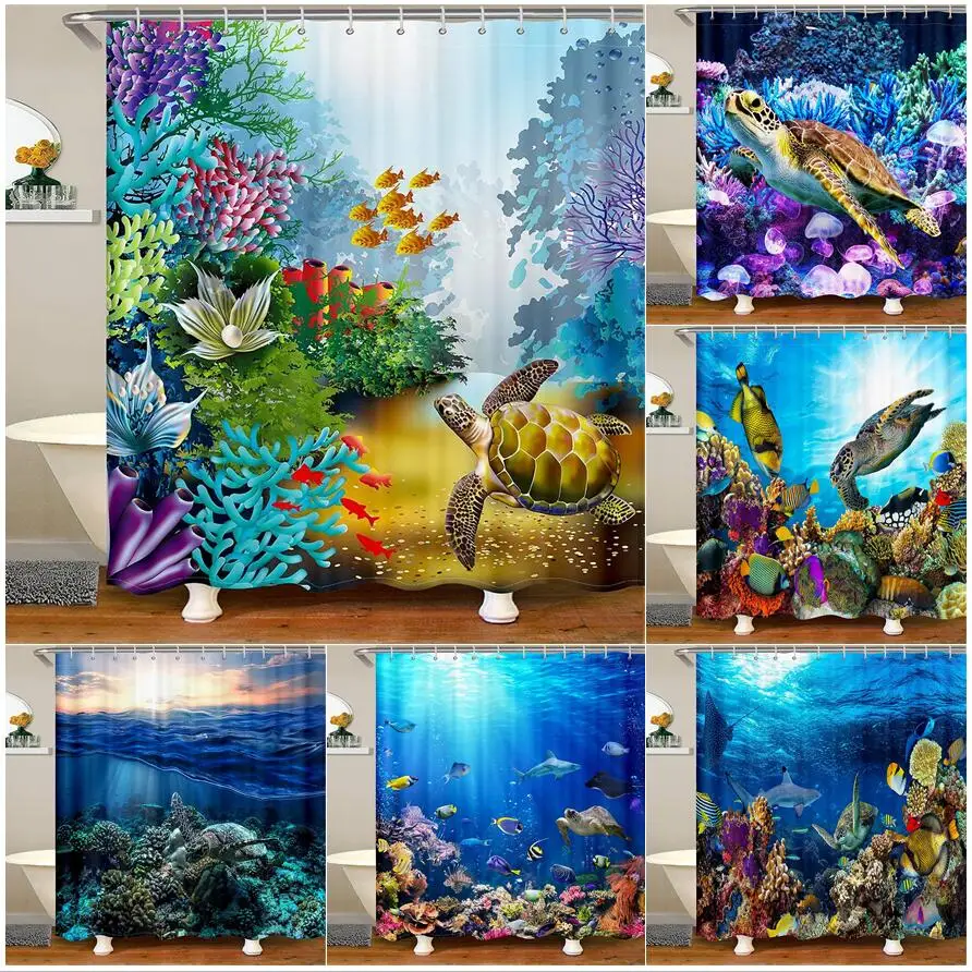 

Морская черепаха, занавески для душа, глубоководная рыба, Акула, коралл, подводный пейзаж, детская Водонепроницаемая занавеска для ванны, декор для ванной комнаты с крючками