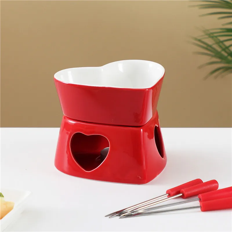 Red Heart shape fine porcelain chocolate fondue set, red romantic cheese melting fondue