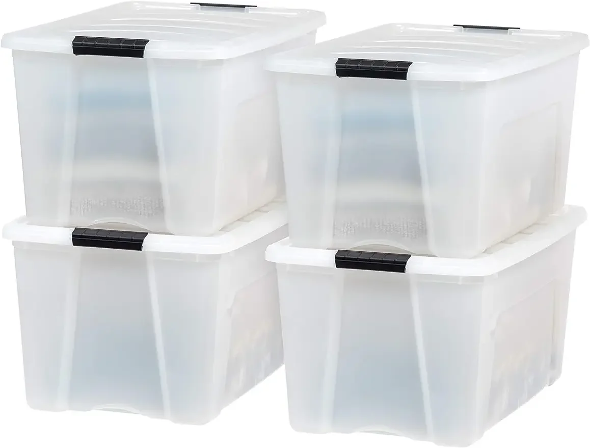 

USA 72 Quart Stackable Plastic Storage Bins with Lids and Latching Buckles, 4 Pack - Pearl, Garage, Totes, Tubs Boxes Organizing