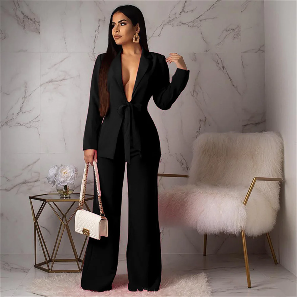 Elegant Women Formal Pant Sets 2023 New in Female Lace-up Blazers + Wide Leg Pant Suit Officie Lady Business 2 Piece Set