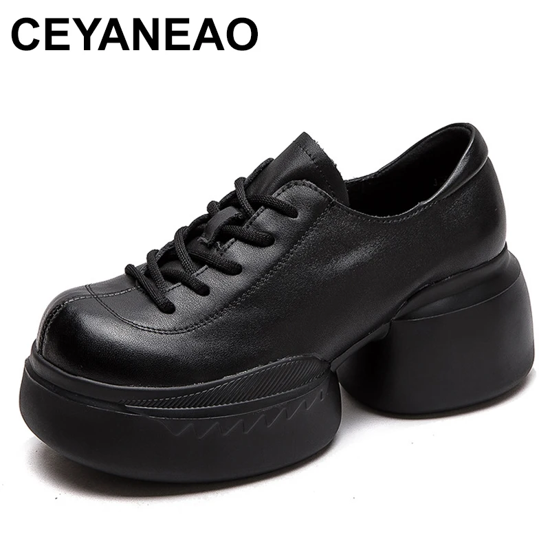 

Женские туфли на толстом высоком каблуке, повседневные туфли из натуральной кожи с круглым носком, на платформе, ручная работа, в стиле ретро, весна