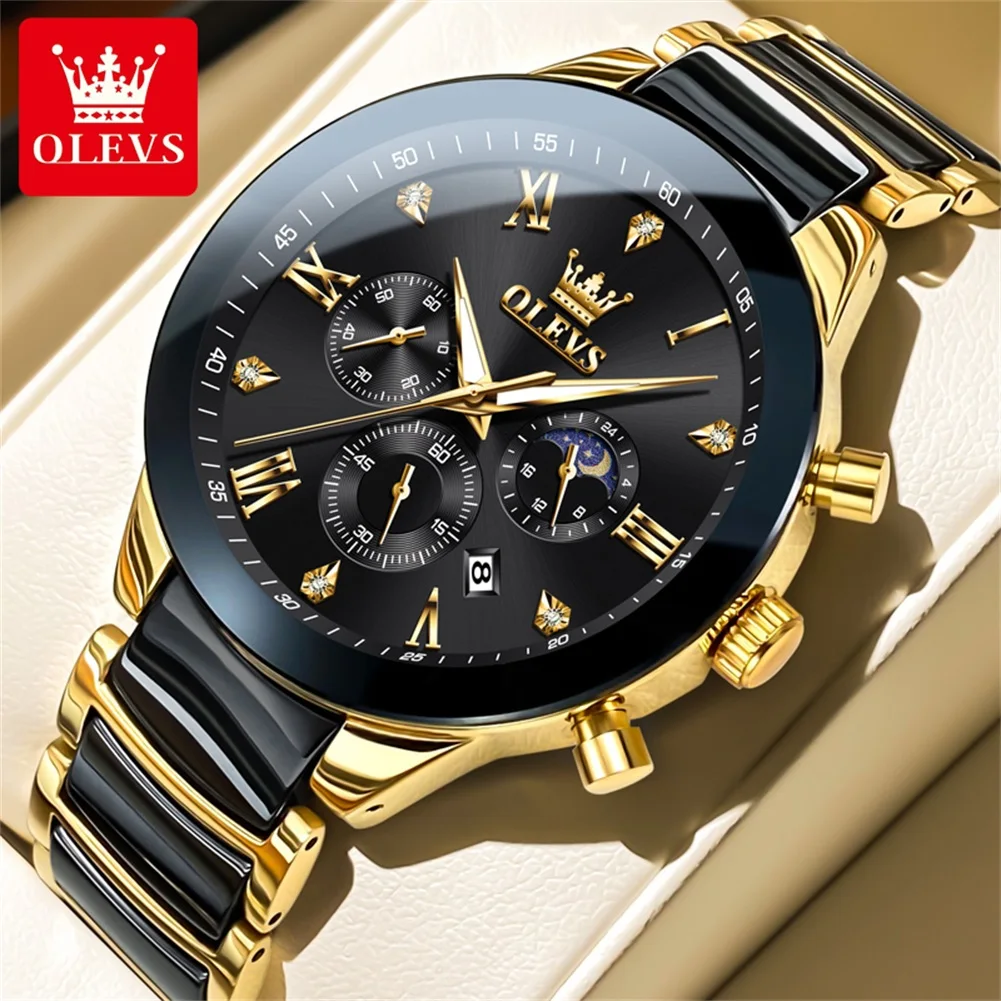 OLEVS Luxury brand Men's Watches 44mmDial Ceramic strap Moon Phase Waterproof Quartz Watch for Man Chronograph Roman Scale Watch