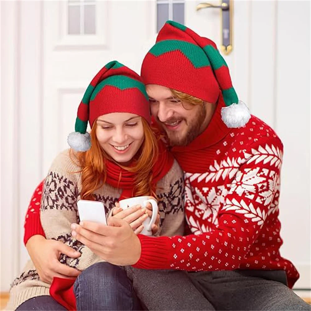 Adult Kids Knitted Christmas Hats Women Men Boy Girl Red Green White Stripe Parent-Child Beanie Pompom Hat Merry Christmas Gifts
