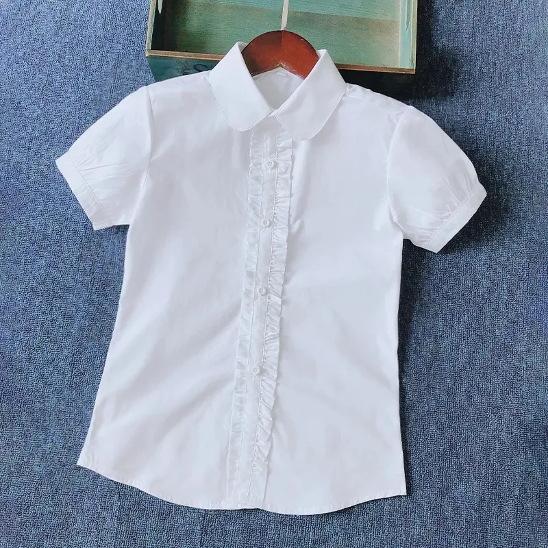 Summer Shirts for Teenage Boys Girls Cotton Short Sleeve White Blouses School Uniform Girls Puff Sleeve Blue Tops 4 8 12 16Year