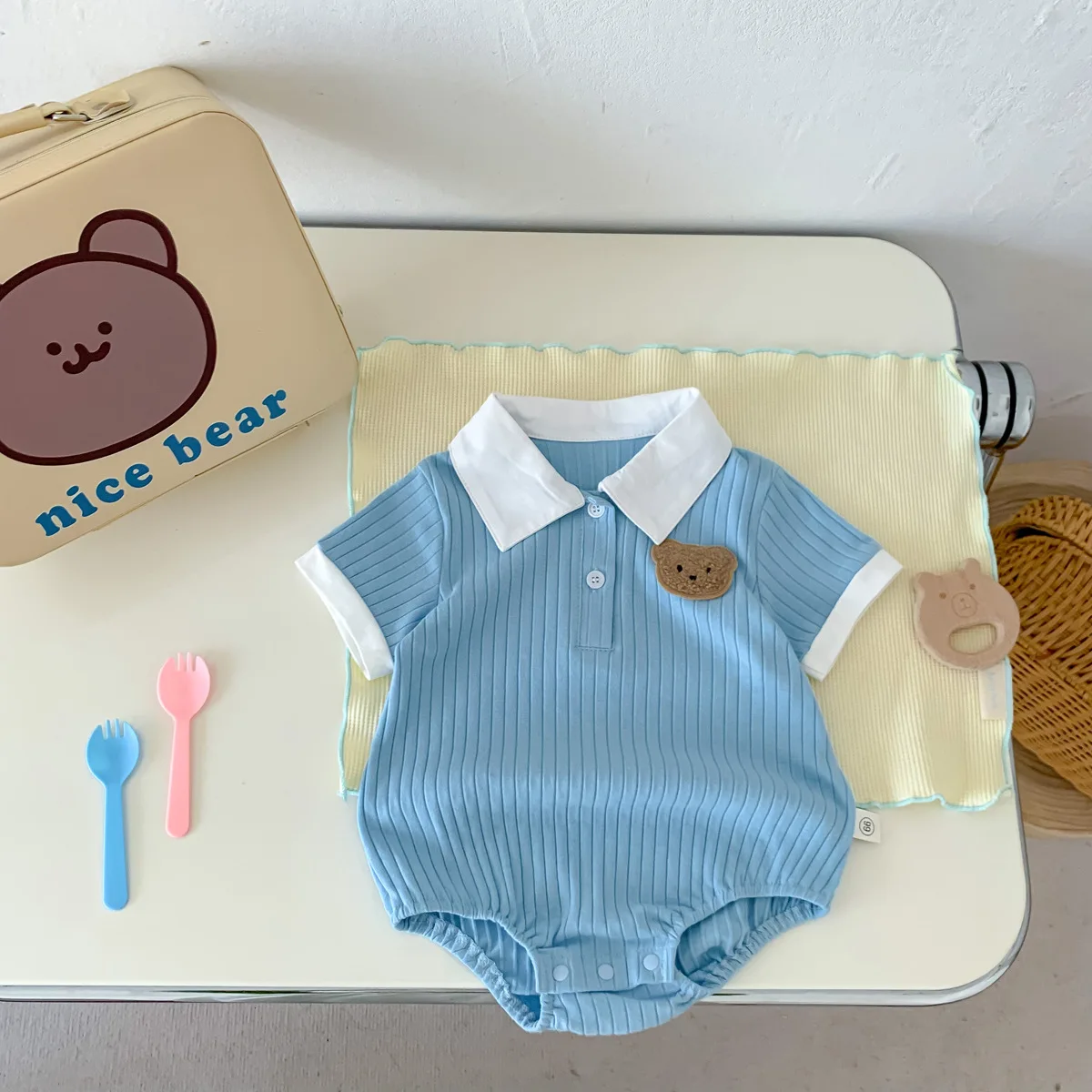 2025 Summer Toddler Baby Girls Romper Turndown Collar Short Sleeve Cartoon Bear Solid Cotton Triangle Infant Girls Bodysuit 4
