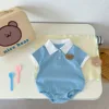 2025 Summer Toddler Baby Girls Romper Turndown Collar Short Sleeve Cartoon Bear Solid Cotton Triangle Infant Girls Bodysuit 4