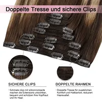 Extensions à clipser Sweetmet Pro2.0 en cheveux humains, 120g, épaisses, 7 pièces # Extensions de cheveux humains Remy 4/27/4 Balayage brun chocolat à blond caramel, à clipser, 35cm-55cm, tissu double maille sans couture pour femmes 3